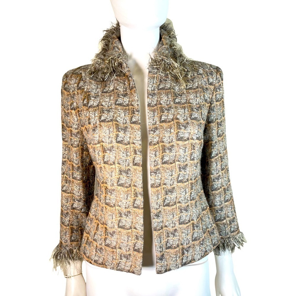Women's Tweed Jacket with Fringe Trim - Gold & Brown